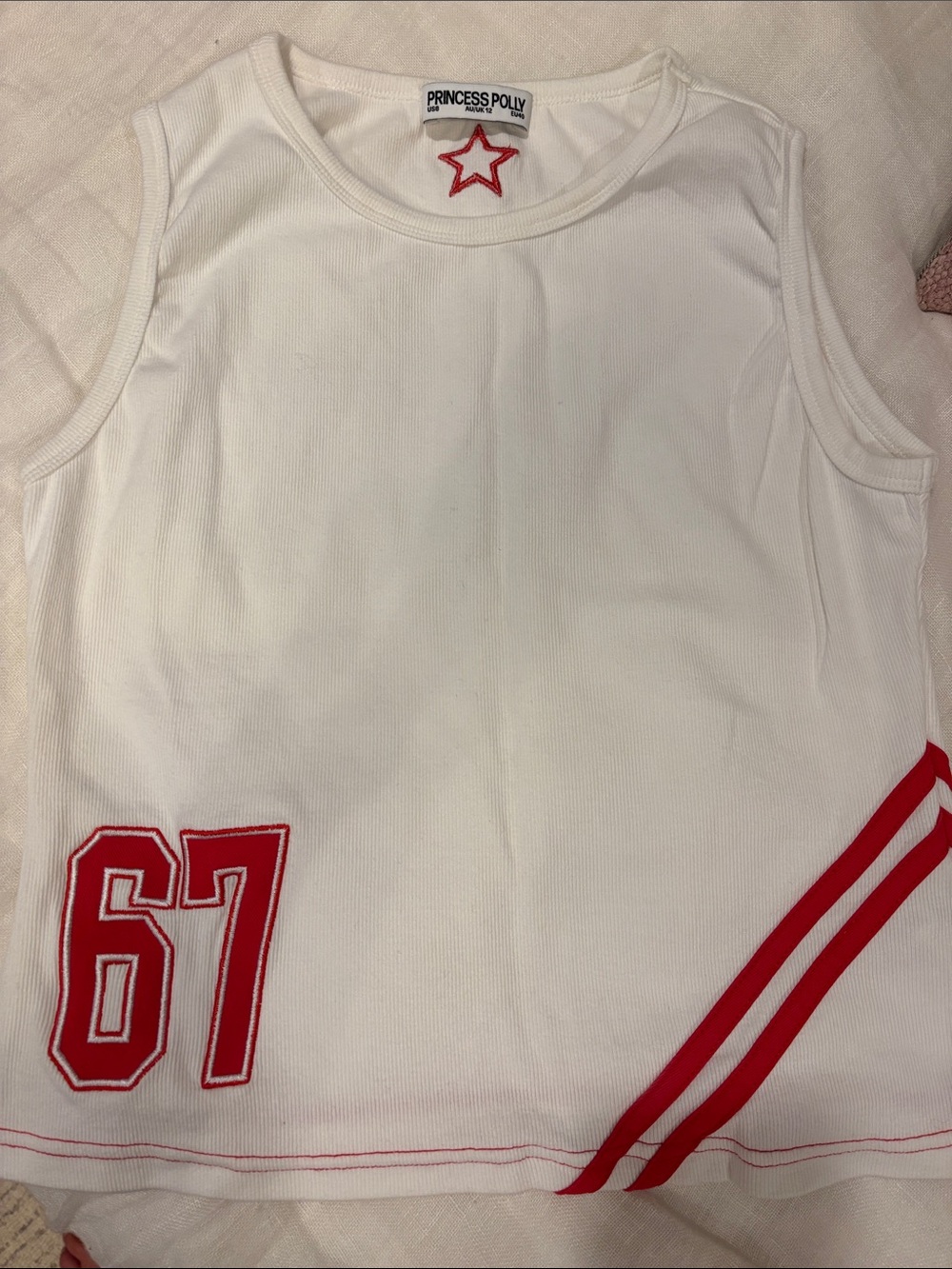 Princess Polly White Tank Top with Red Accents and '67' Patch